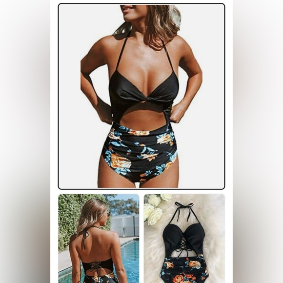 CUPSHE Women's One Piece Swimsuit Twist Cutout Front Crisscross Lace Up Back - Picture 3 of 4